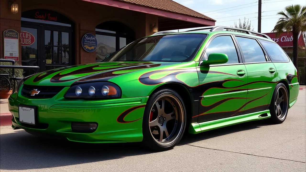 suped up 2004 chevy impala stationwagon green with black flames outlined with a thin red pinstripe, in front of Sam's club, SuperSport car, impressive, VIP, award winning, detailed