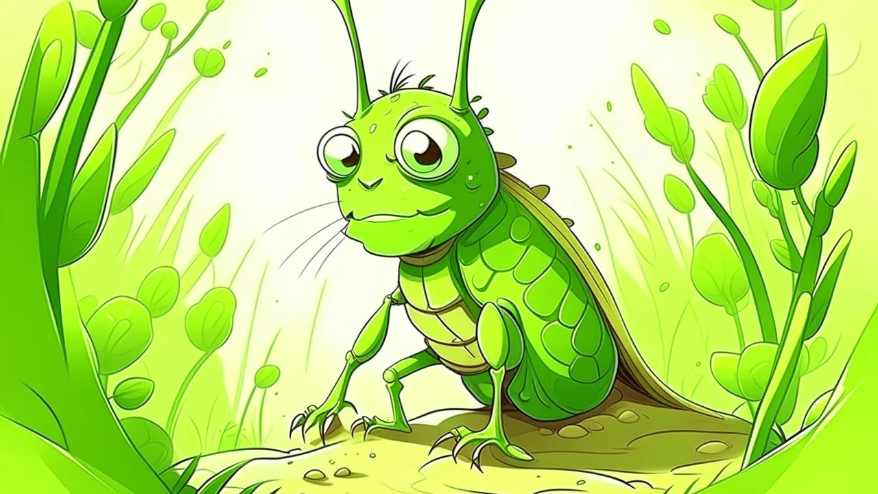 fantasy cartoon style illustration: a grasshopper hopped out of his burrow