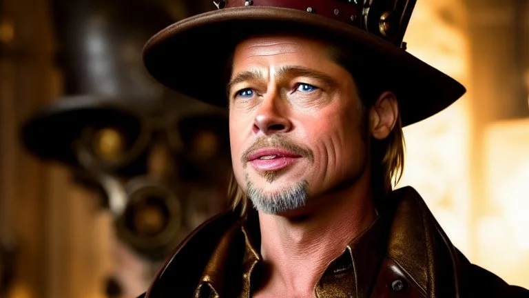 whole body portrait of Brad Pitt as a steampunk character in a steampunk setting, HD 4K, sharp detail, photo-realistic accurate face and features, cinematic lighting, award winning photography