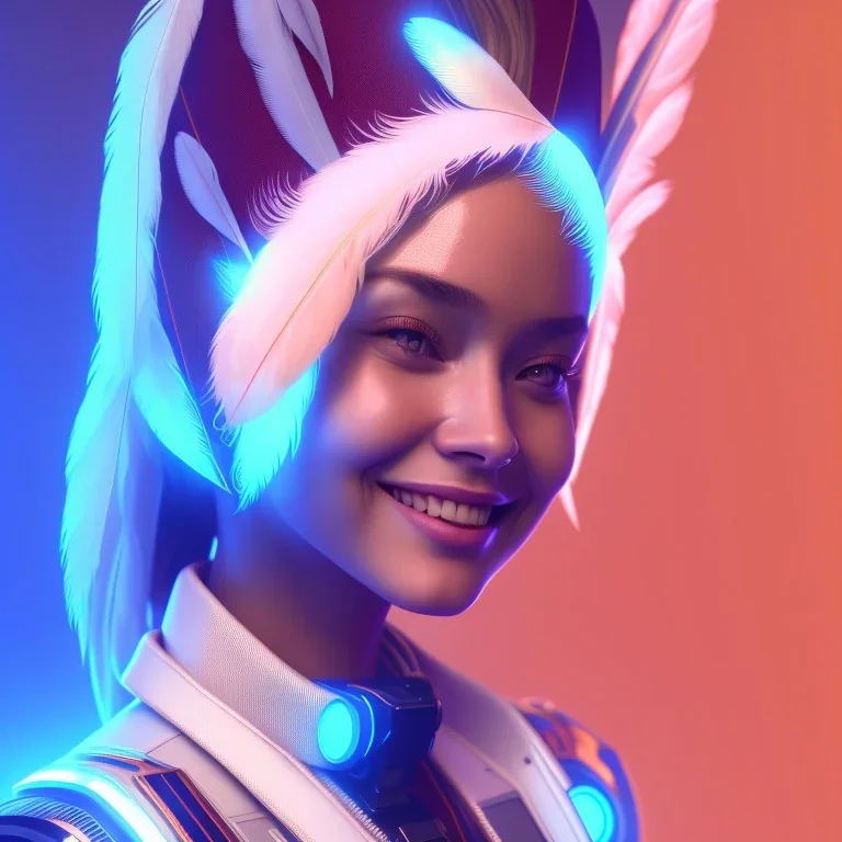 A beautiful portrait of a cute cyberpunk woman smiling facing camera orange color scheme, high key lighting, volumetric light high details with white stripes and feathers unreal 5, octane render, cinema4d, dynamic lighting, dramatic lighting, 4k, redshift render, highly detailed, hyper realistic