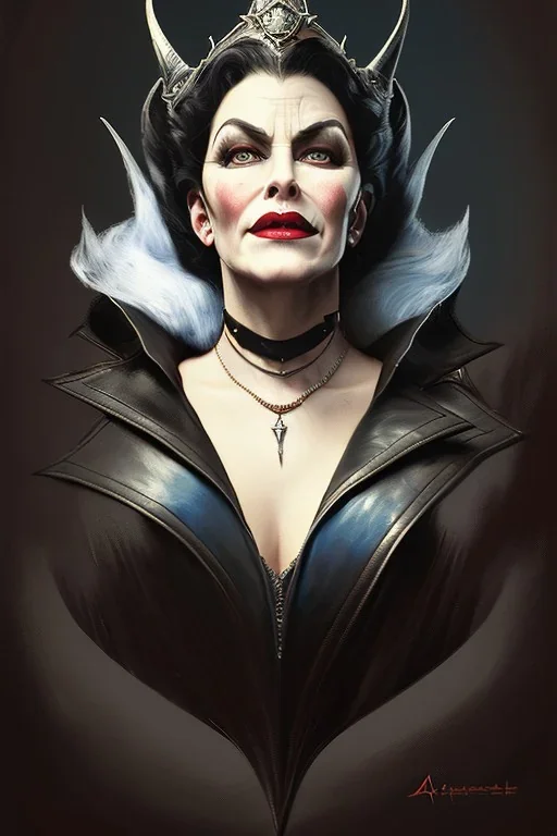 painting of evil queen in black leather, angry, strong, volouptous, busty, cleavage, emperious, mature, highly detailed, digital painting, artstation, concept art, smooth, sharp focus, illustration, art by gaston bussiere and alphonse mucha