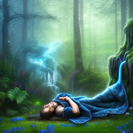 crazy detail, magical forest background, waterfall, blue but cloudy skies,close up of cute dark male poet sleeping on ground wearing soft robes and blue gloves,dark stone statue, lively eyes,hidden hands, framed by foliage, shiny eyes, holding up scroll