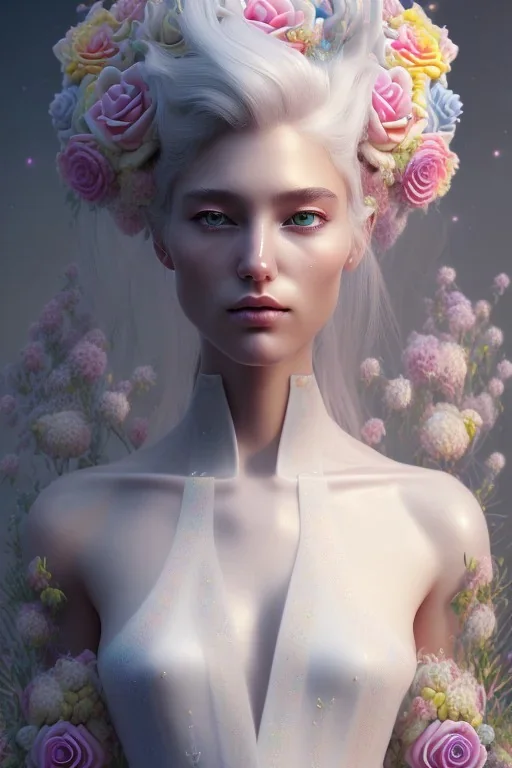 a woman, side profile, closed eyes, white hair, pastell colors, white dress, rainbow flowers, in the style of Camilla d'Errico, hyper detailed, beautiful, complex, trending on artstation, cryengine, national geographic photo, chiaroscuro