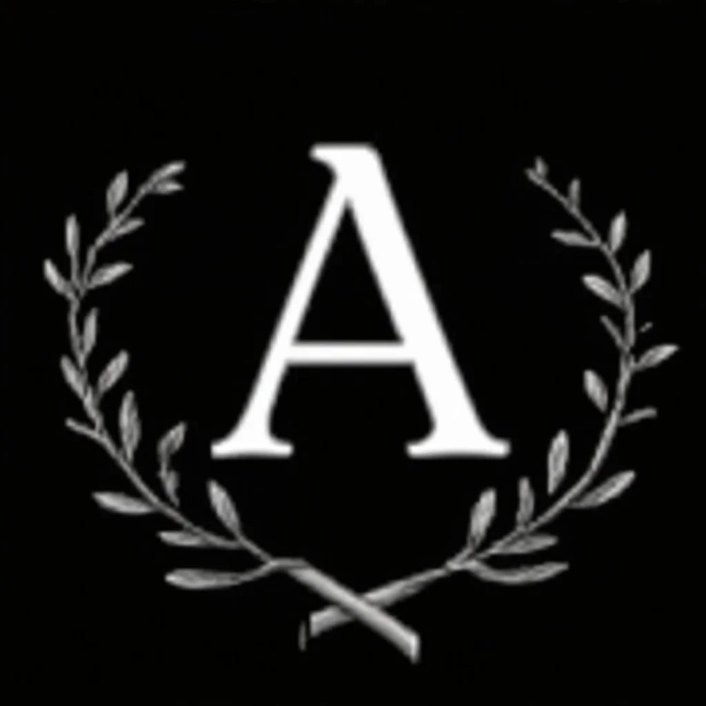 2 branches(crossed at bottom, arching upward in a wreath, delicate hand drawn linework, romantic), Letter A in Middle or wreath, sharp image, white vector on black background