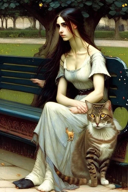 Woman and cat sitting on a park bench. John William Waterhouse