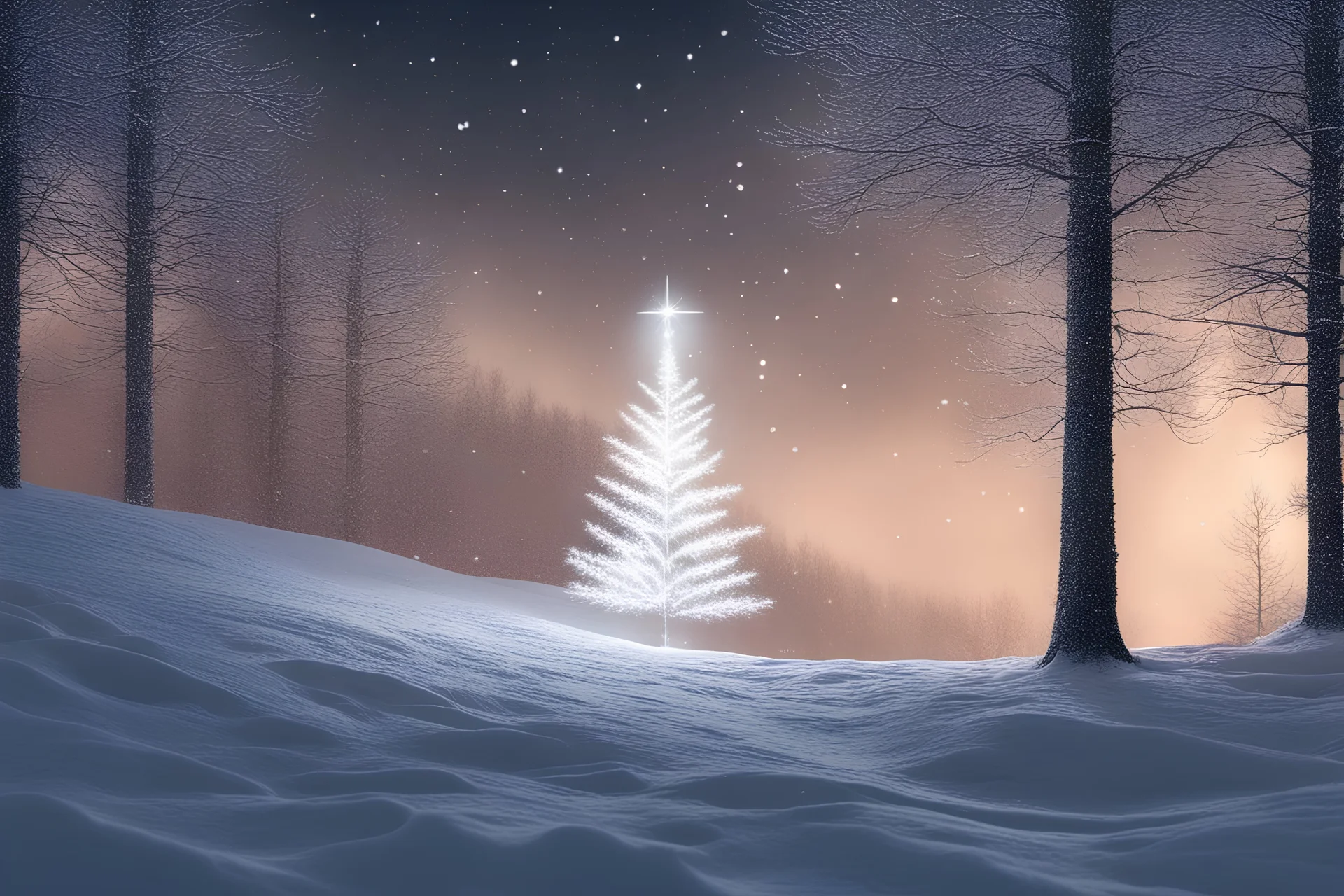 christmas tree with sparklers in a snowy forest landscape bathed in moonlight and falling snow with a barely noticeable outline of jesus christ in the background