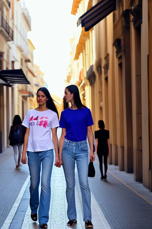 mujeres caminando por una céntrica calle de una ciudad española, visten ropa de segunda mano, camisetas y vaqueros, es la moda y es tendencia, fotografía real, de cara a la cámara