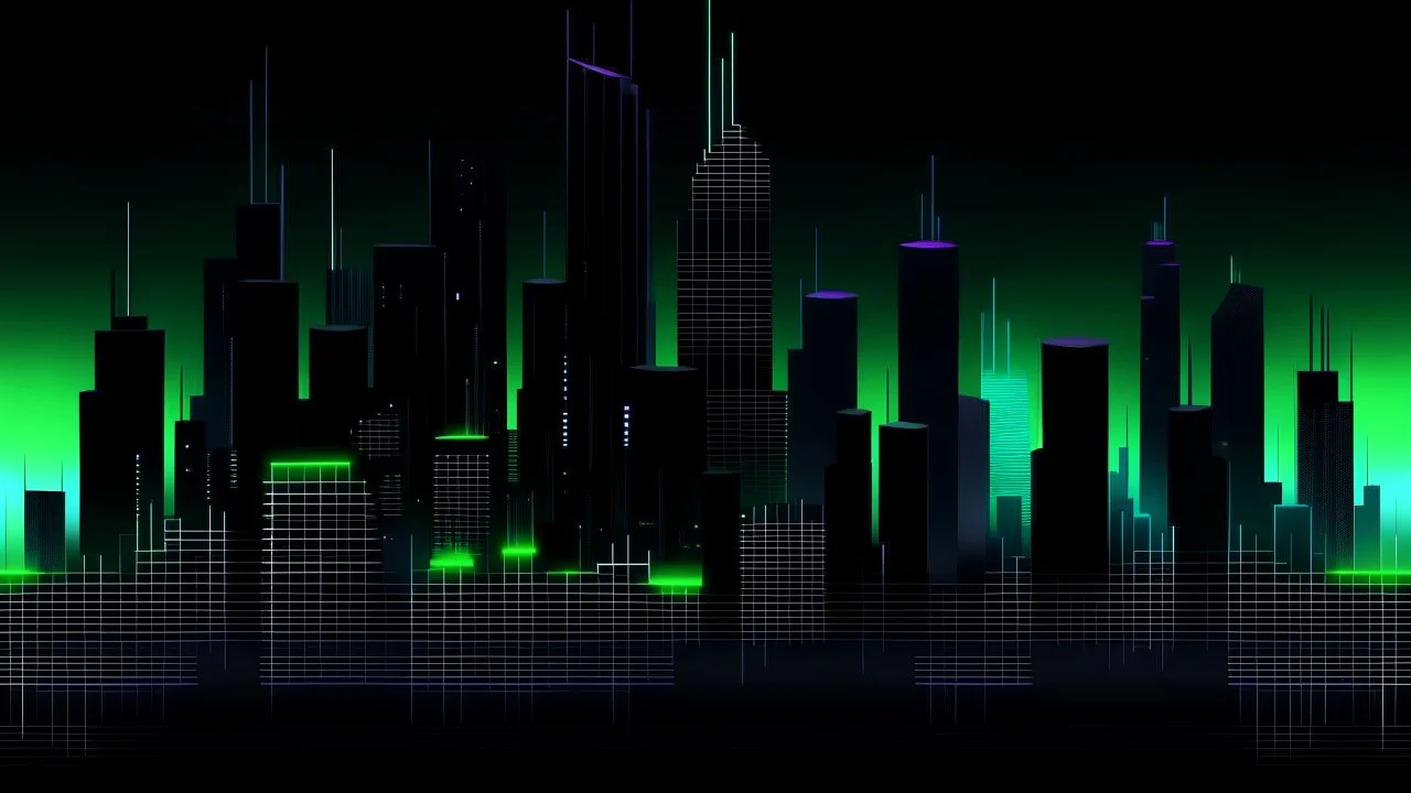 Digital and poly illustration of a minimalist and digital city with a dark background, colors are black, light blue and light green, and purple.