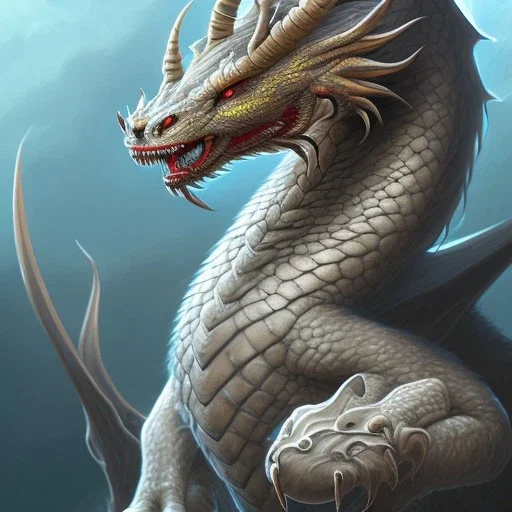 This dragon has 4 horns pointing foward. Its neck is short; Its snout is vertically tall, wide, short, and smooth. Its teeth are short. It has rounded claws, frills, and soft scales. Its tail is medium length and very wide.