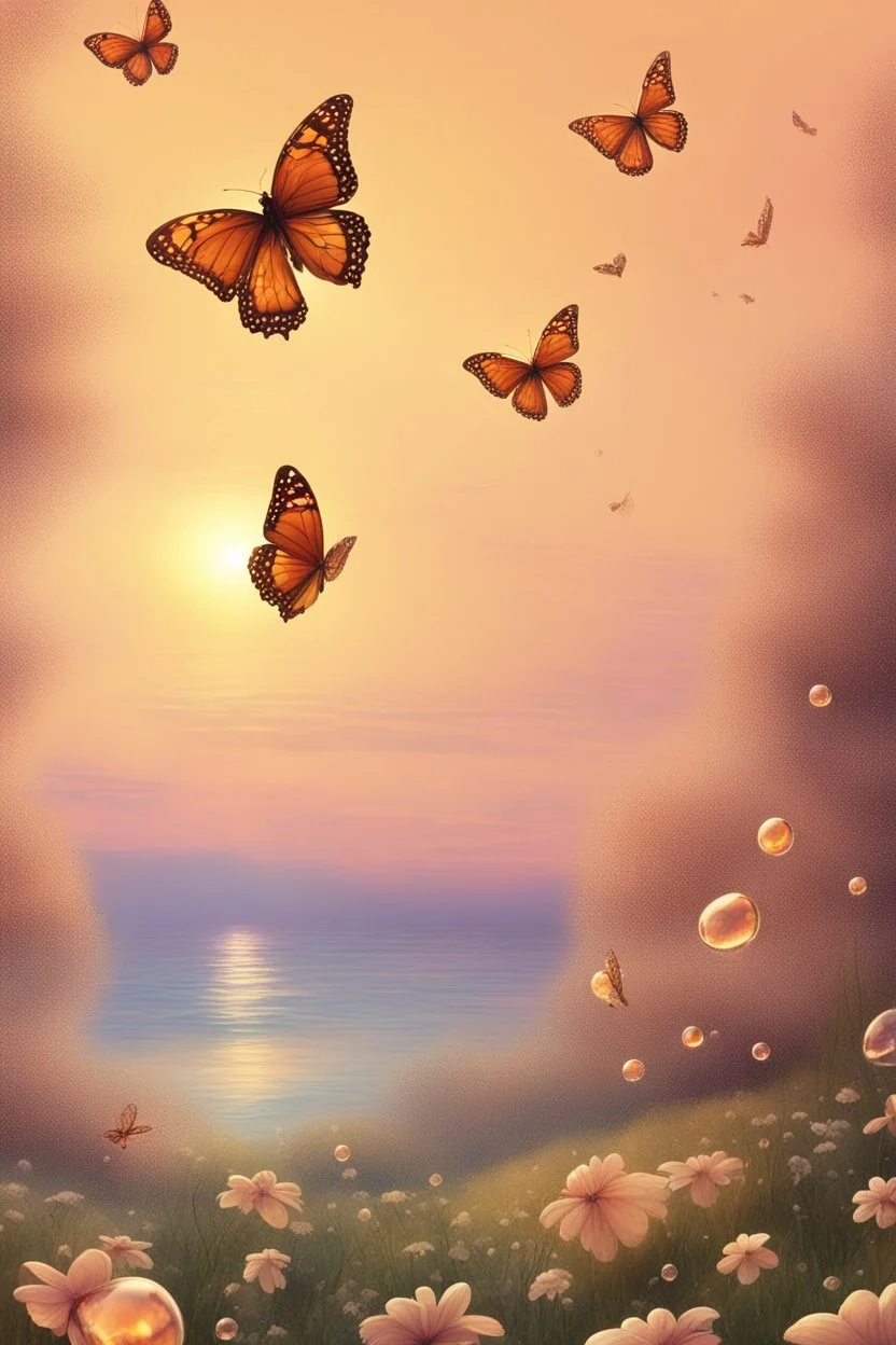 Bubbles and Butterflys flying to the sky at sunset