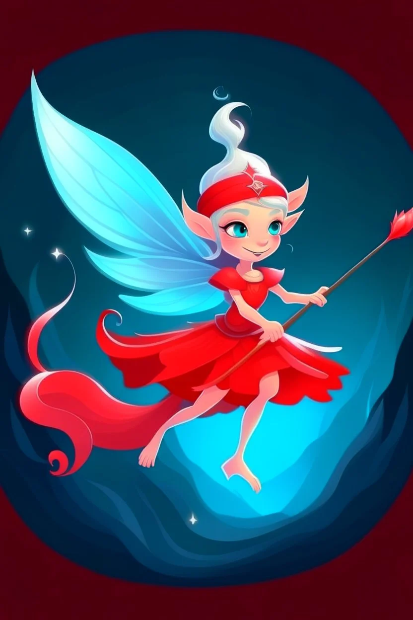 fantasy cartoon style illustration: mischievous ice fairy flying in the air with red magical wand