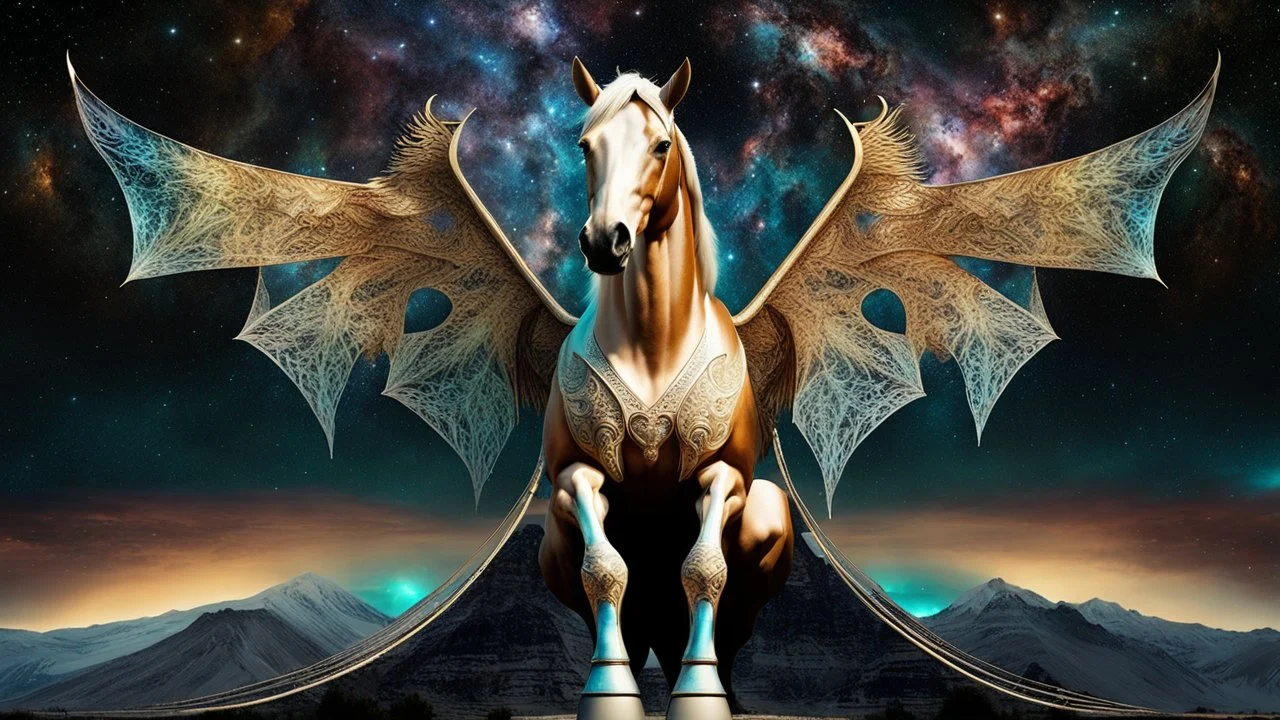 horse-dragon stunning weird hybrid , ghostly wings, symmetrical, galaxy, stars, fantasy, sci-fi, detailed, masterpiece intricate detail, deep colors, hight textures, glitch, metallic shine, sharp focus, 64 megapixels, surreal fantasy mood