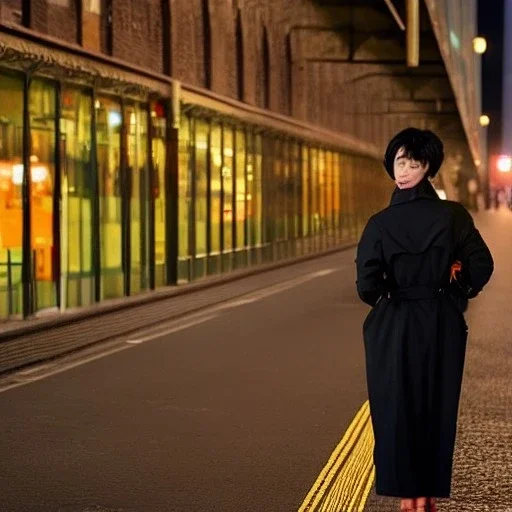 A beautiful slender older Asian woman with short black hair and a black trench coat, waiting for a man at night at a train station in London