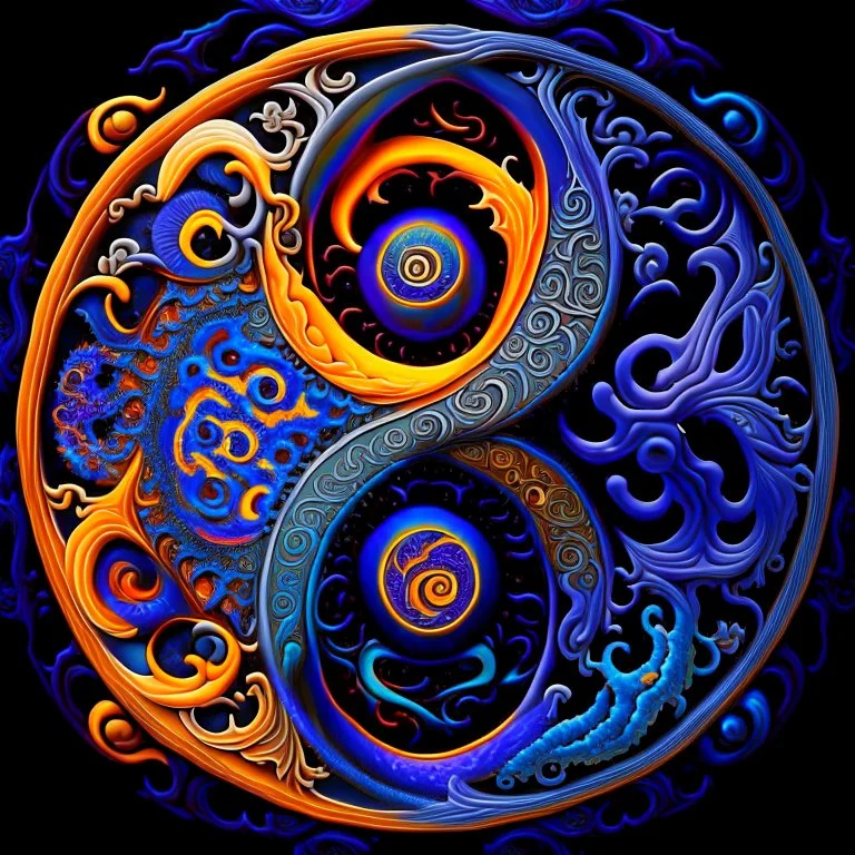 yin-Yang symbol, hyper detailed, photorealistic, hyper detailed, hyper defined, orange, azul, purple, yellow, DMT art