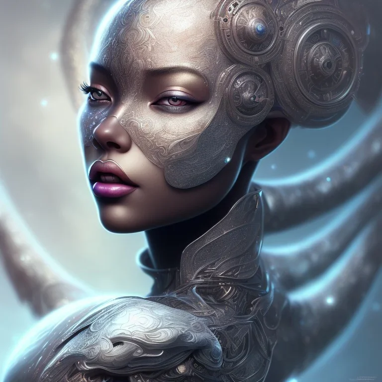 fantasy magic, intricate, sharp focus, illustration, highly detailed, digital painting, concept art, matte, masterpiece head sexy front view black African beauty space lady silver carp skin one head blonde space night