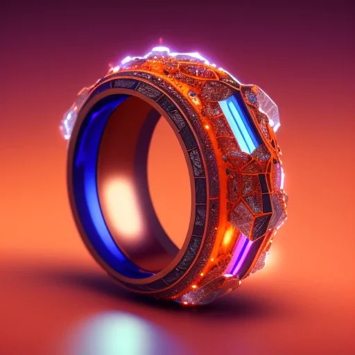 Ring made by wood roots and shreds of glass, orange diamonds sparkles, red rubi fragments around, blue lights reflexes, complex structure, gold details, intricate ring pattern,Unreal Engine 5, lens macro,sharp focus, realistic, hyper detailed, studio lighting, neon light ambient,