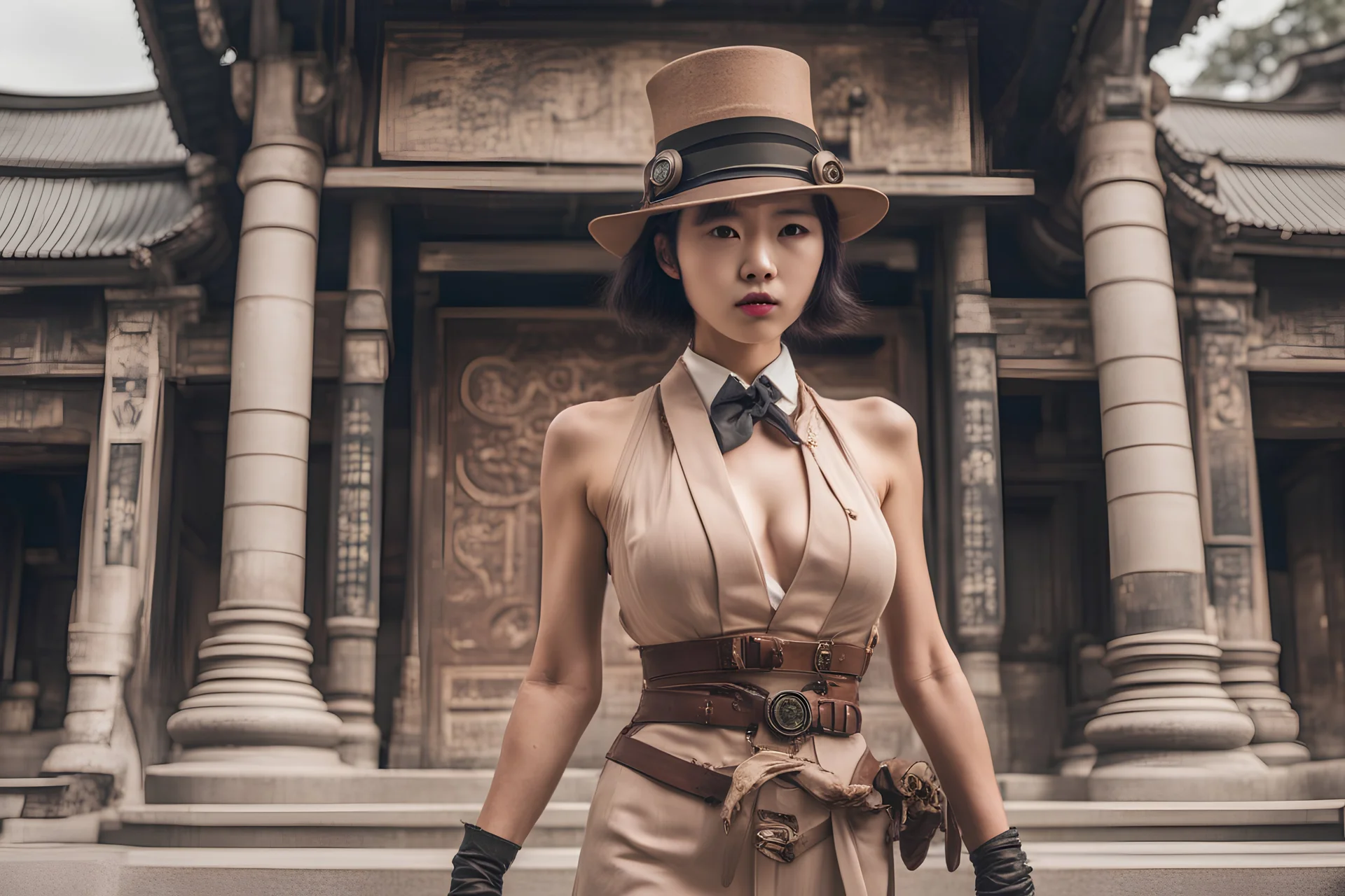 A tough but stylish nude woman detective outside a temple in a 1920s steampunk Taiwan.