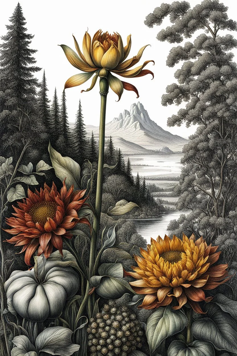botanical pen and ink illustration, ultra realistic, award-winning: atmospheric: commanding: fantastical: clarity: 16k: ultra quality: striking: brilliance: stunning colors: masterfully crafted in the style of Albrecht Durer and Rogan Brown