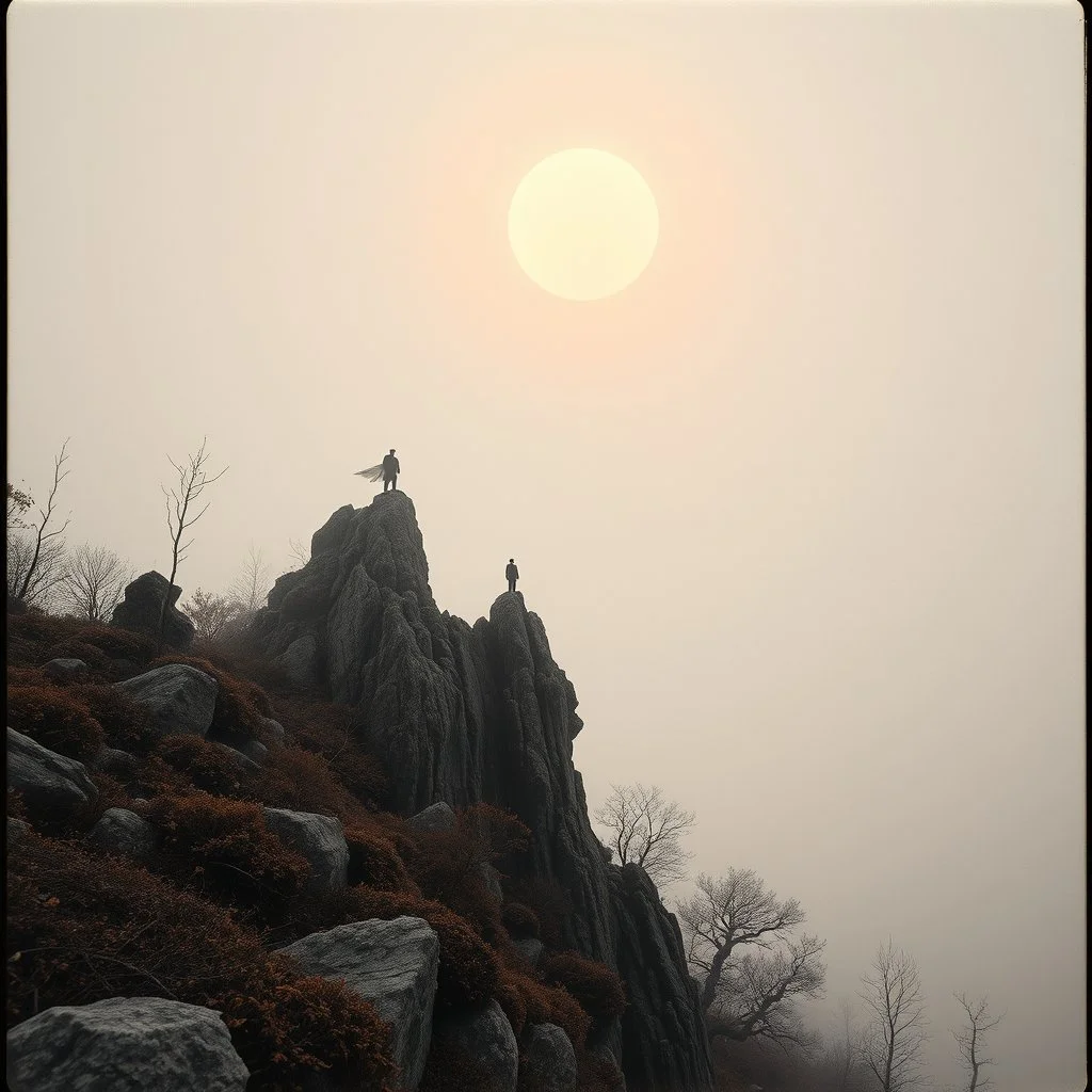 Close-up Ilford photograph of a creepy surreal landscape, rocky spur, eerie, no style, steep, autumn vegetation, very surreal, spooky, metaphysical objects, giant sun, intricate, thoughtful, appalling, deep 3d field, 8k, hypermaximalist, lot of fog