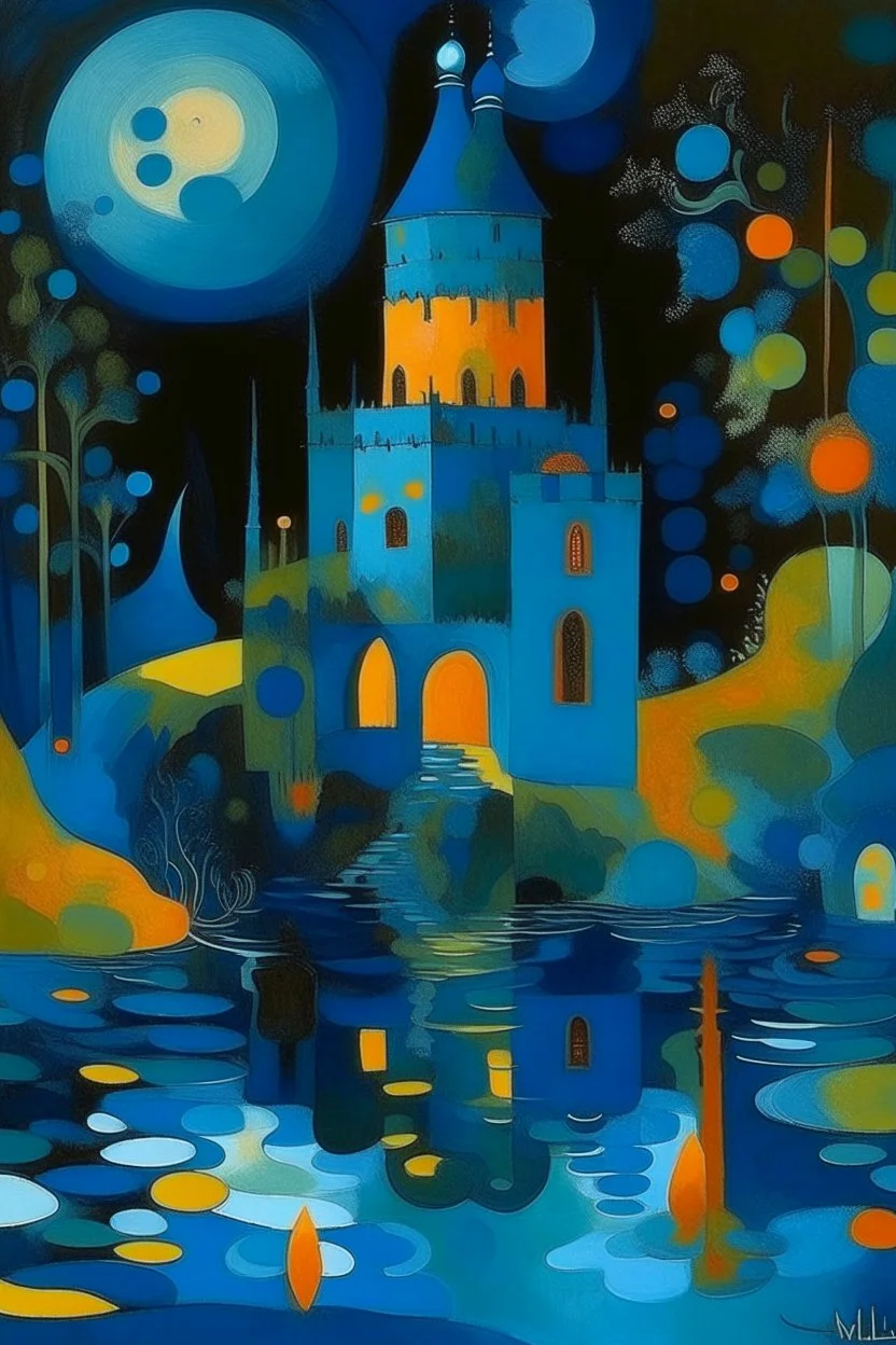 A dark blue underwater submerged chateau painted by Wassily Kandinsky