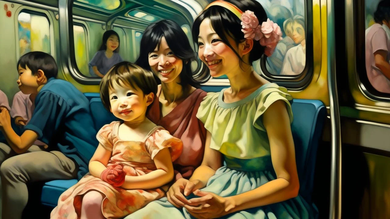 Neoclassicism 2 japanese woman smiling with a child at other woman sitting in metro realistic cote d'azur painting colorfull