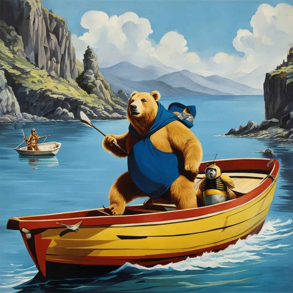 [Jason and the Argonauts (1963)] super bear in the jun with a blue costume and a companion giant bee, in a boat