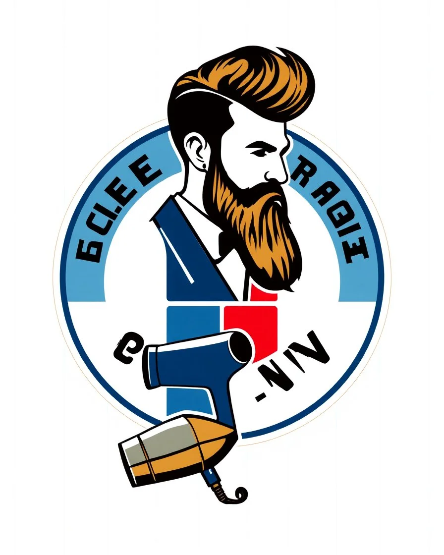 A round logo for a men's grooming salon with a groom vector at the top of the logo and a hair dryer vector logo at the bottom in a blue, red, white, and gold color theme.