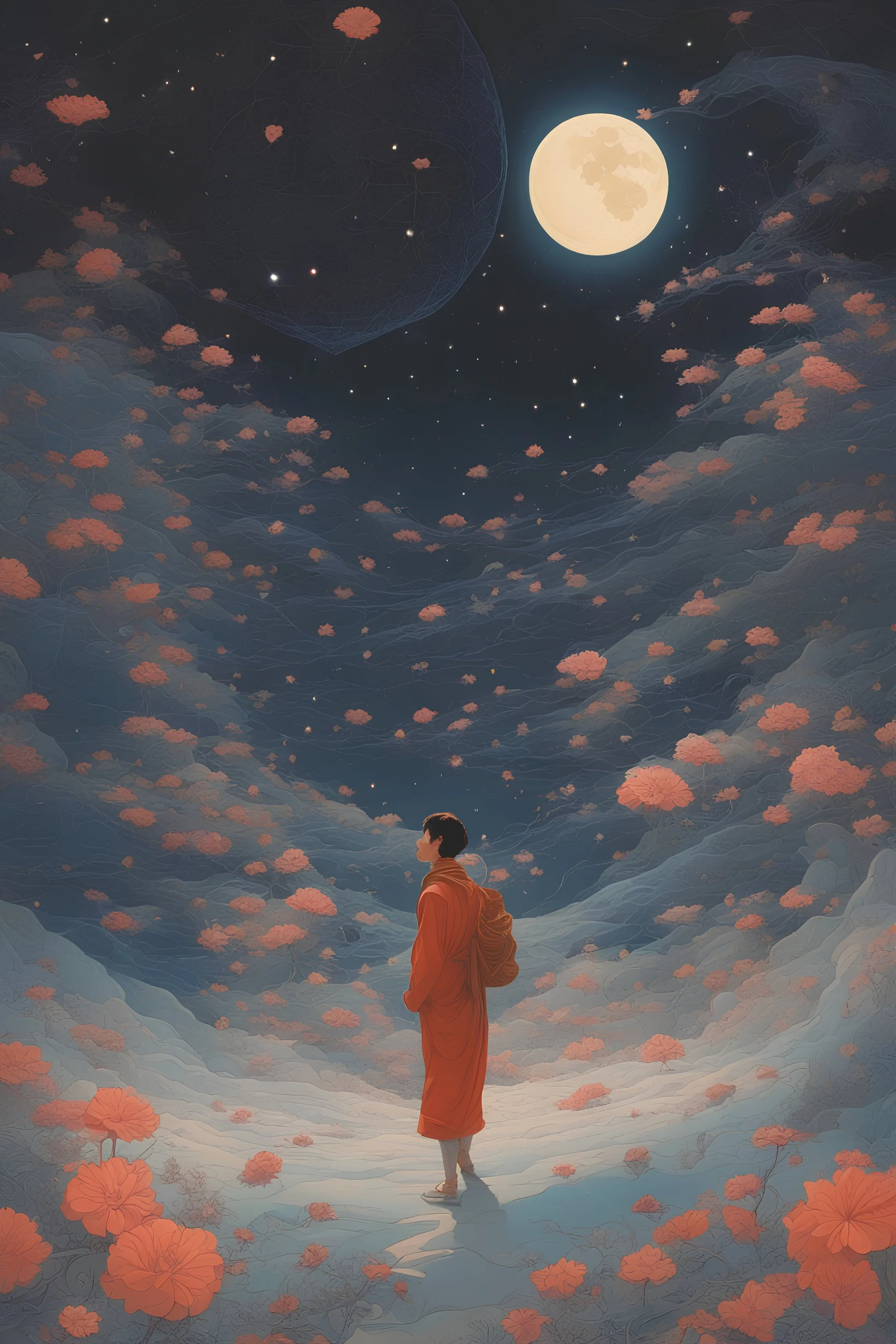 James Jean, Takeo Takei, Surreal, mysterious, strange, fantastical, fantasy, sci-fi, Japanese anime, catching a comet with a bug net, crescent moon, crystal clear night sky, detailed masterpiece