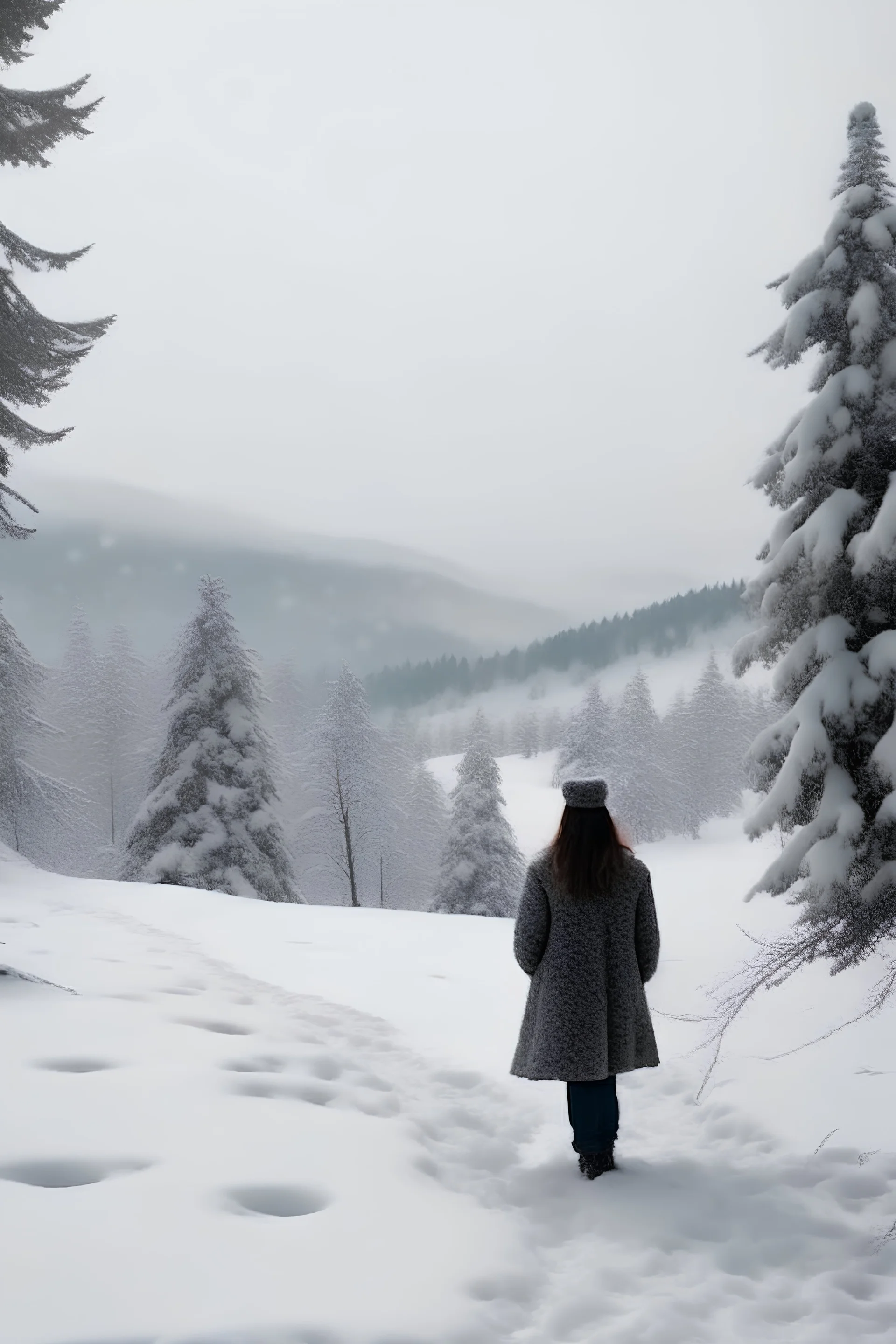 snow and a woman far away in the middle in the snow