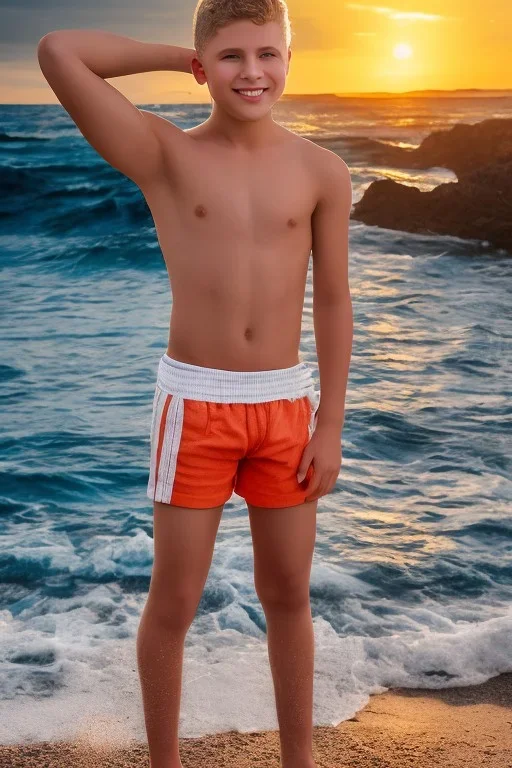 full body image of a beautiful 12 year old arabic boy with shoulder long, blonde curly hair and light blue eyes, smiling, shirtless, in front of an distant beach, sunset, photorealistic