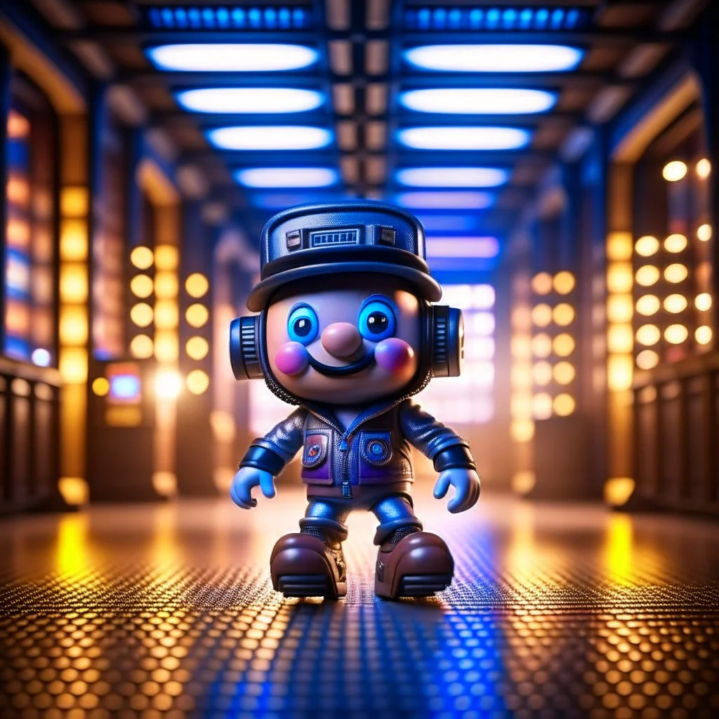 cute happy hairy futuristic hip hop chat mario robot with skateboard photo shoot in big train hall, 8k, down-light, soft light, depth of field, photo realism, trending on art station, high detail, smoke and fog