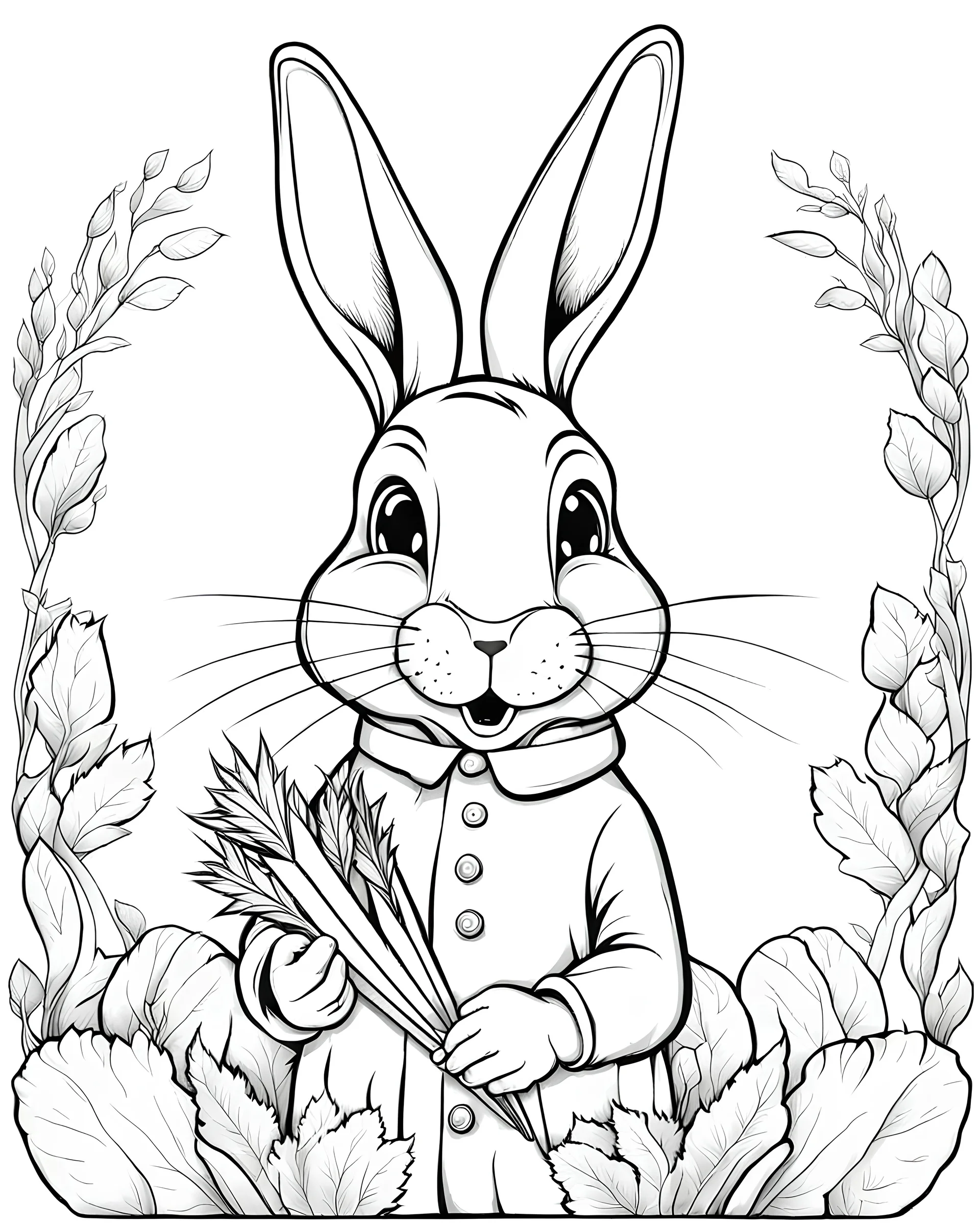 B/W outline art,coloring book page, full white, super detailed illustration for adult, "monester rabbit : spooky rabbit holds a carrot in his hands", crisp line, line art, high resolution,cartoon style, smooth, low details, no shading, no fill, white background, clean line art,low background details, Sketch style.