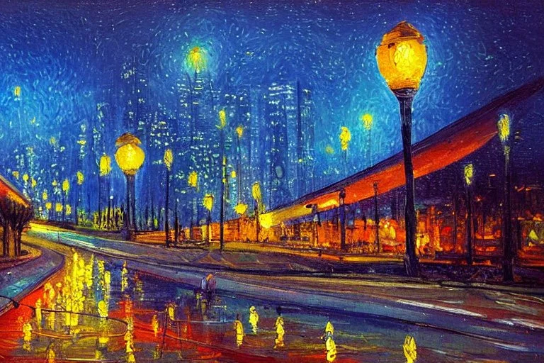 Night, lanterns, futuristic buildings near trees, highway, sci-fi, impressionism painting