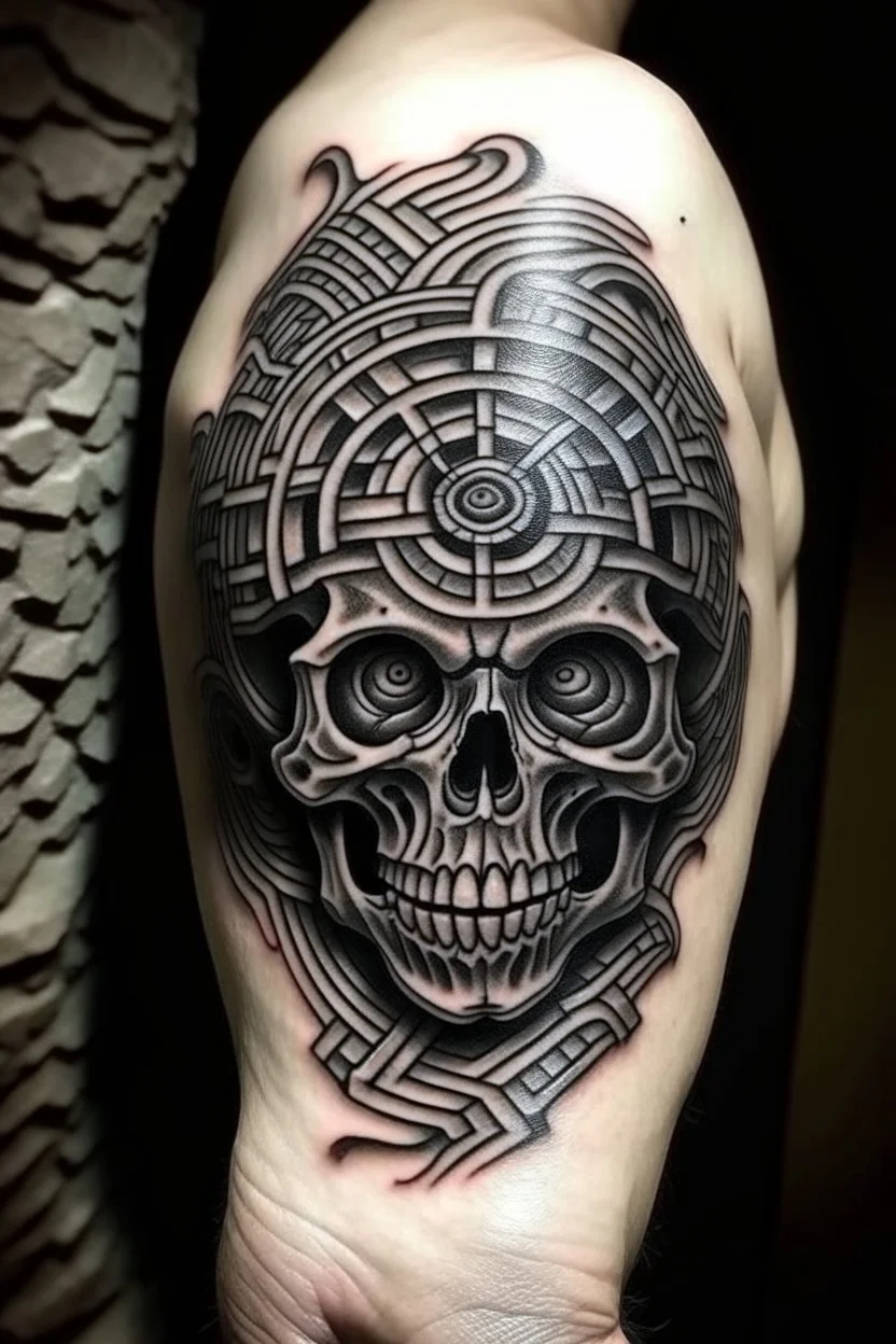 Shape of a labyrinth in a skull a new age tattoo style