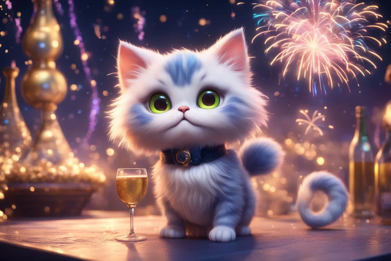 cute fluffy pixar chibi cat, new years eve scene, champagne, twisted serpentine, fireworks Weight:1 detailed matte painting, deep color, fantastical, intricate detail, splash screen, complementary colors, fantasy concept art, 8k resolution trending on Artstation Unreal Engine 5 Weight:0.9