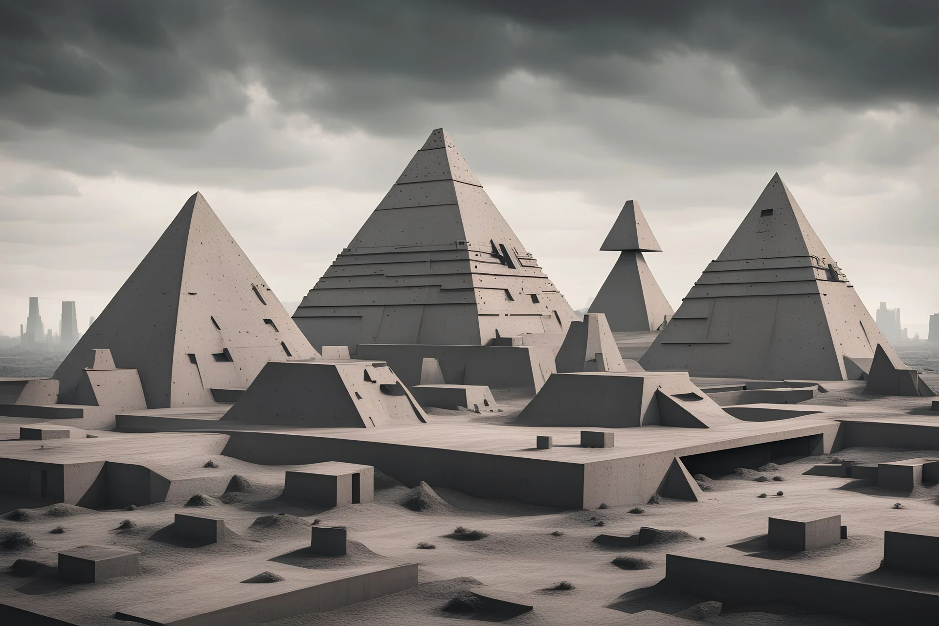 Totalitarian concrete brutalist city skyline with pyramids