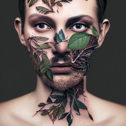 "full face tattoo of leaves and gnarled branches extending past face and morphing into reality, 8k resolution, high-quality, fine-detail, muted colors,intricate, digital art, detailed matte, volumetric lighting, illustration, octane render