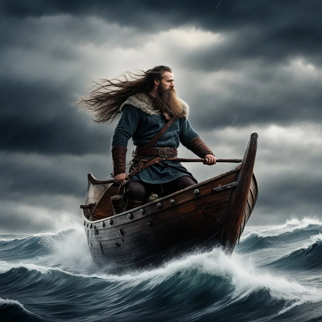 A Viking on a Viking ship, with a steaming cup of coffee in hand, glided gracefully across the vast expanse of the sea. But this was no ordinary sea; it was a sea of coffee, as dark as the stormy skies above. The Viking's long, flowing hair whipped in the wind, and his rugged features were etched with determination and a touch of caffeine-induced excitement. With each sip, the rich aroma of roasted beans infused his senses, fueling his adventurous spirit. He embraced the boldness of the coffee,