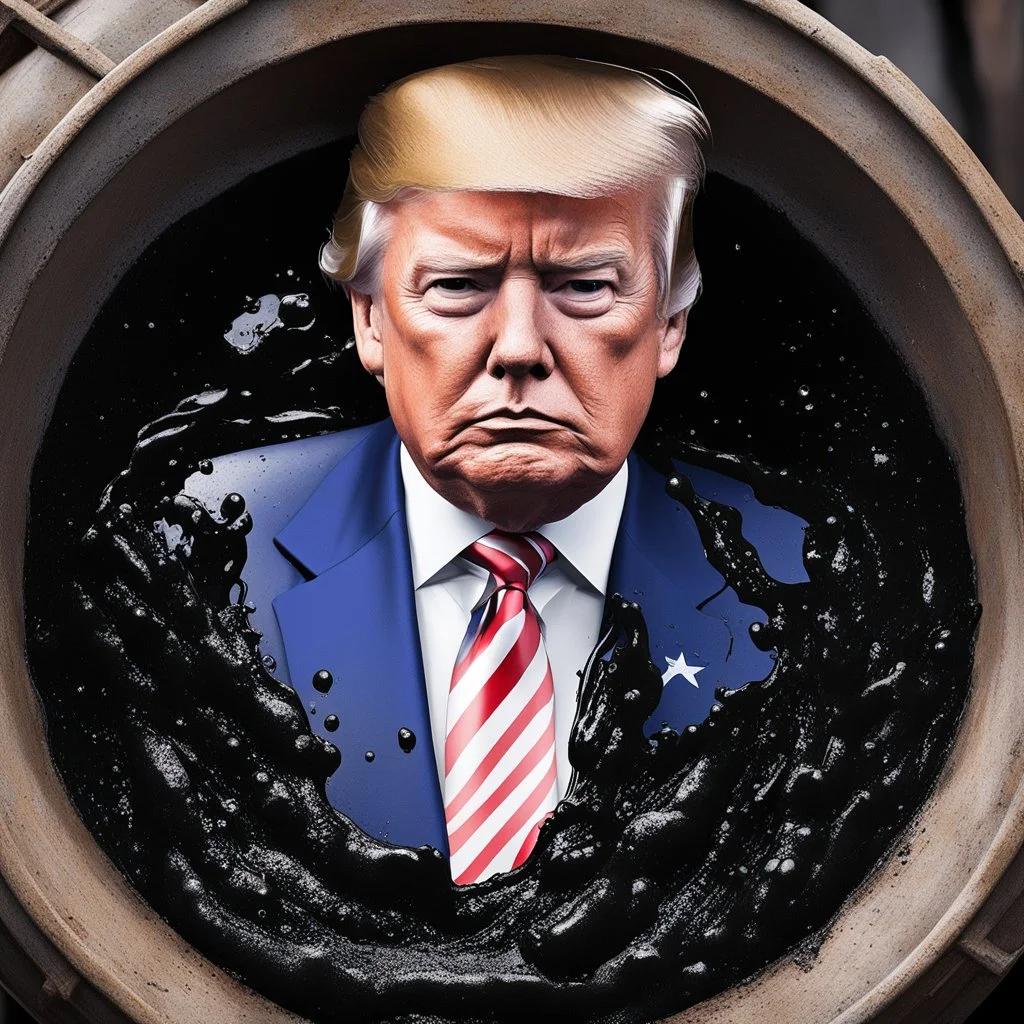 sad Donald Trump inside a barrel of crude oil, covered by dark slime
