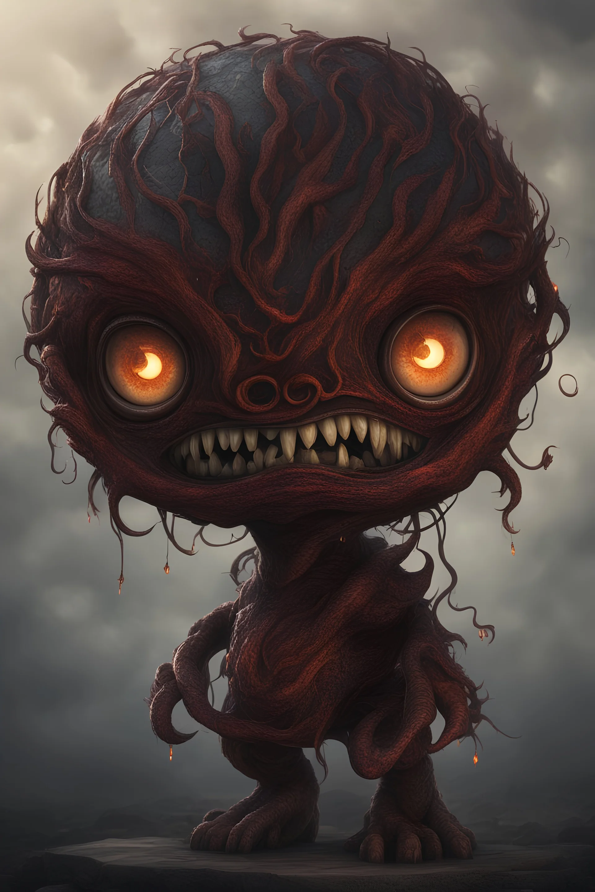 A mutated horror creature from hell, incredibly cute appearance with a hellishly evil soul, in the style of good and evil, mythiccore, evil colored mysticcraft, luminosity of background, fallingcore, hyper realistic and hyper detailed, stunning composition, hyper emotional, epic cinematic lighting,