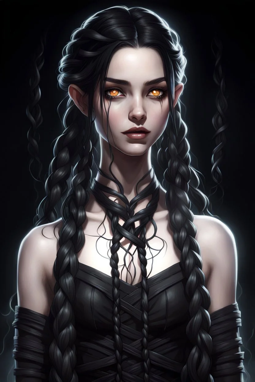 Young beautiful female Hexblood character . Bright glowing pale eyes. Long, thick, silky jet-black hair reaching her waist, with a center part and two loose Dutch braids starting at her temples, flowing into the rest of her straight hair. A few soft strands frame her face. Thin dark vine-like markings spread across neck and collarbone as a sign of an ancient curse.