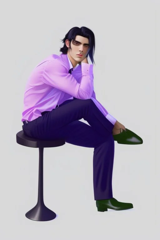 A guy with black hair, sitting on a chair, wearing a beautiful white shirt with pleats. in trousers with pleats