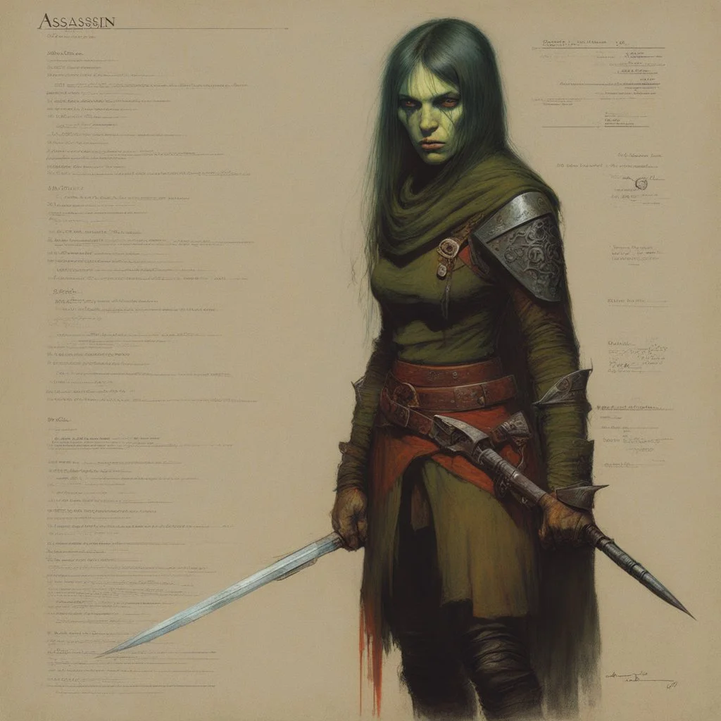 ConceptSheet: female half-orc assassin with AD&D statistics [by Zdzisław Beksiński]