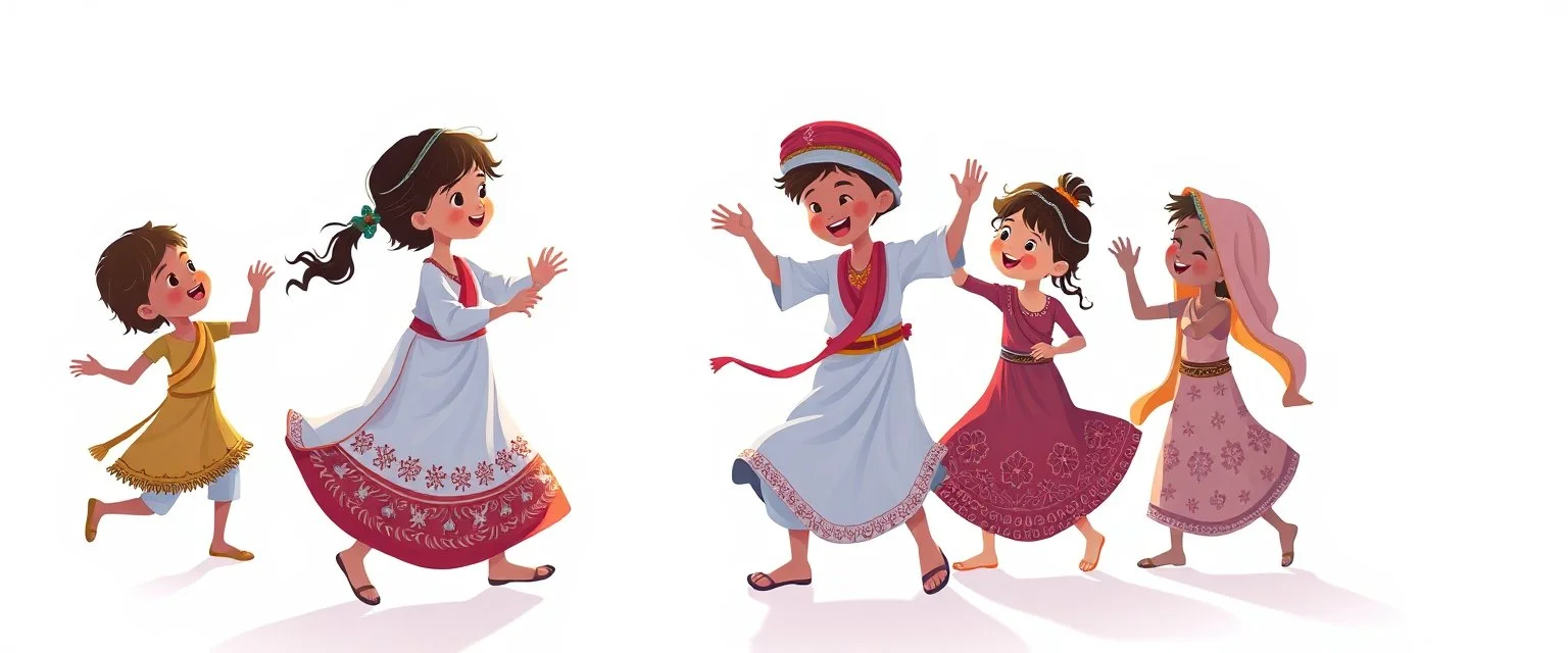 illustration of ethnic children playing and dancing. fantastic lighting, chaabi children's book proportions, on a light background