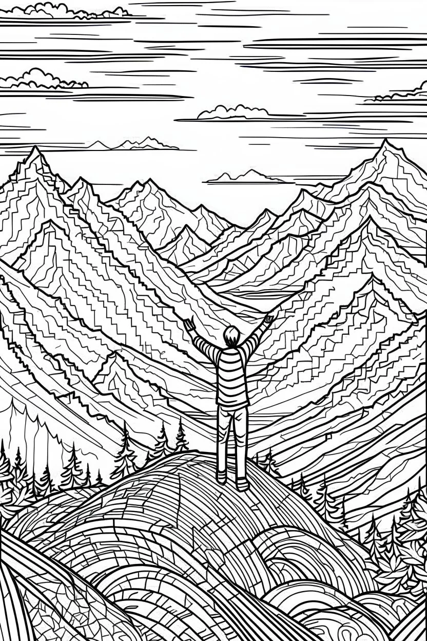 A person standing on a mountaintop, arms outstretched.coloring book page, simple and clean line art, adult drawing book, black and white, crisp black lines, no shades, sharp lines, coloring book for adults, cartoon style, landscape