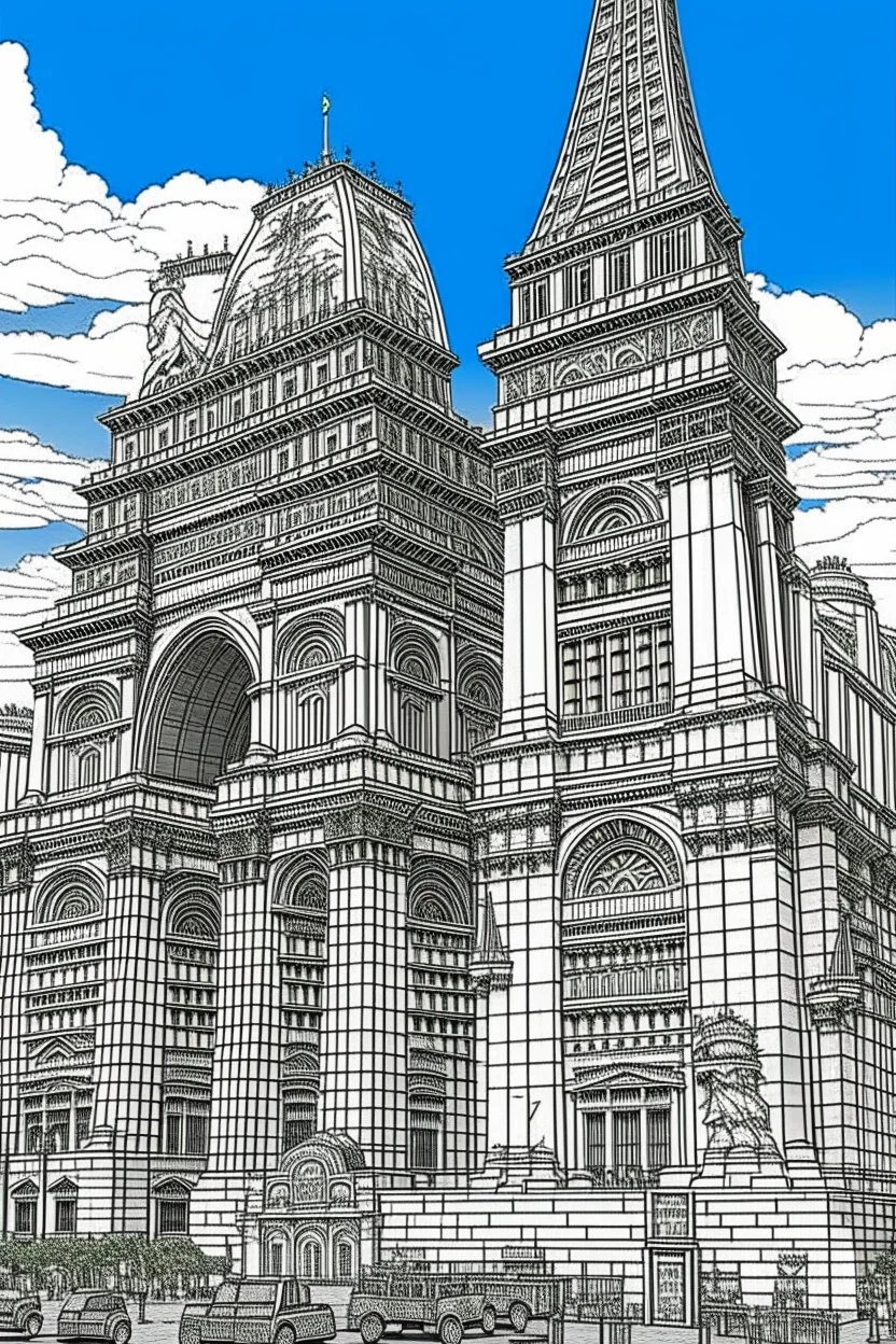 various architectural landmarks and cityscapes, coloring book page, simple and clean line art, adult drawing book, low details, black and white, crisp black lines, no shades, sharp lines, coloring book for adults, cartoon style, landscape