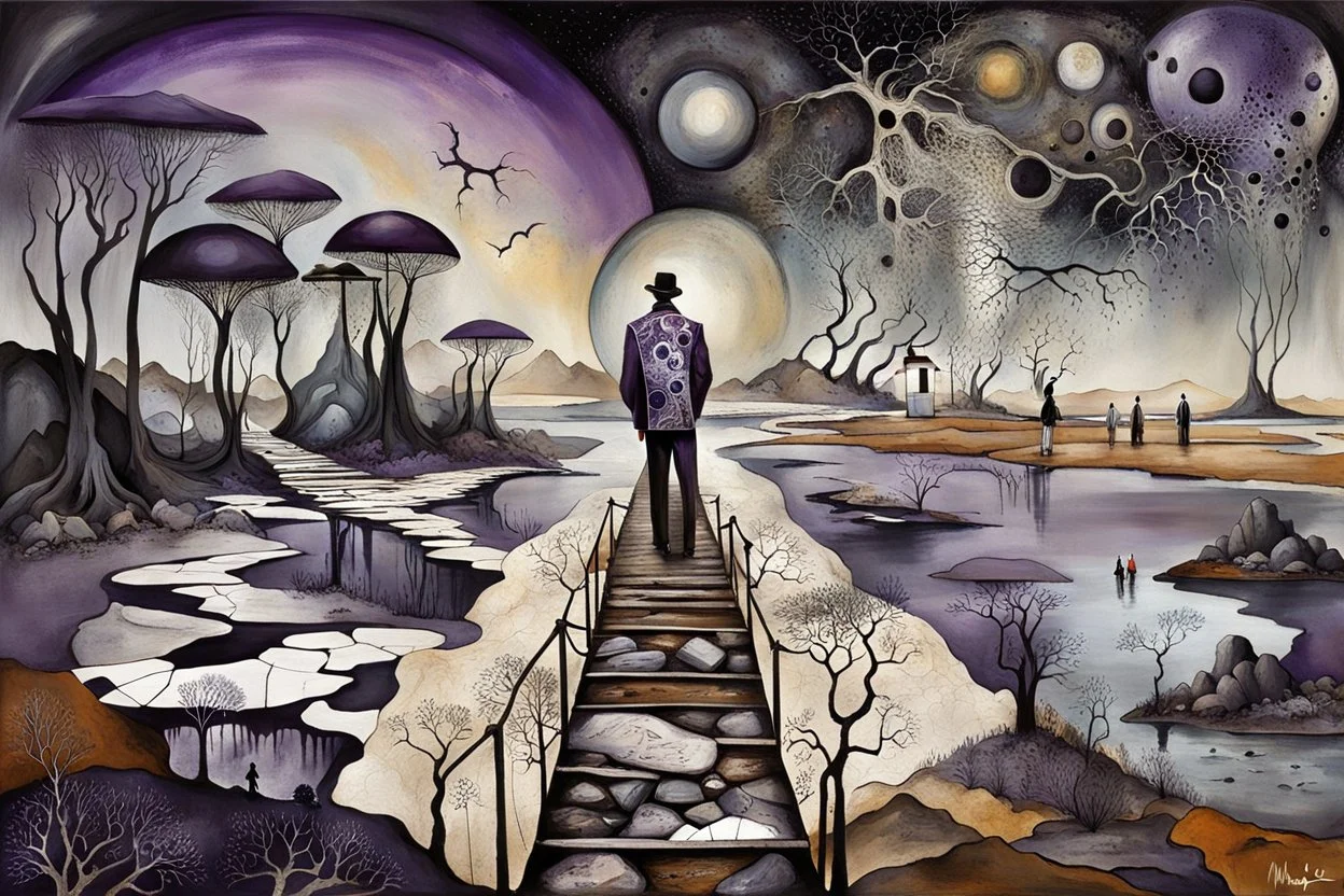 inner world this atypical world, in midle an alone human figure with a big map his hands in weird alternative clothes stands on the thin bridge , weird whimsical landscape, forest, and Sahara water and rocks,, around surreal cracked painted weird land with some black doors. dark purple, gray, black, white, brown. Whimsical style of Chagall , of Minjae Lee and Anton Semenov, lonely with absurd beauty. broken, weird bizarr,e absurd nightmare, neuron network background, surreal vibe