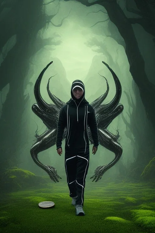 running alien portrait , black jogging suite , in the night Alps , holding leaves and coins , angels background, volumetric light, high detail, dark leaf tree, dark mountains in background, perfect, HR Giger style