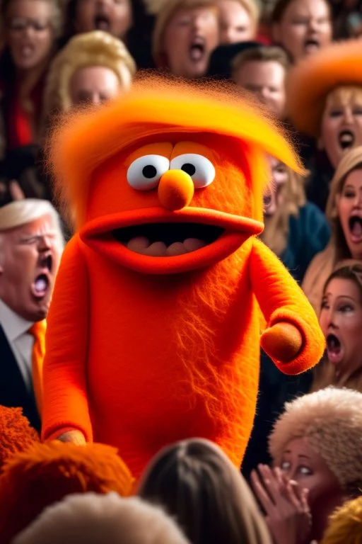 a Film Photograph of an orange Donald Trump Muppet made of felt and fur yelling at everybody