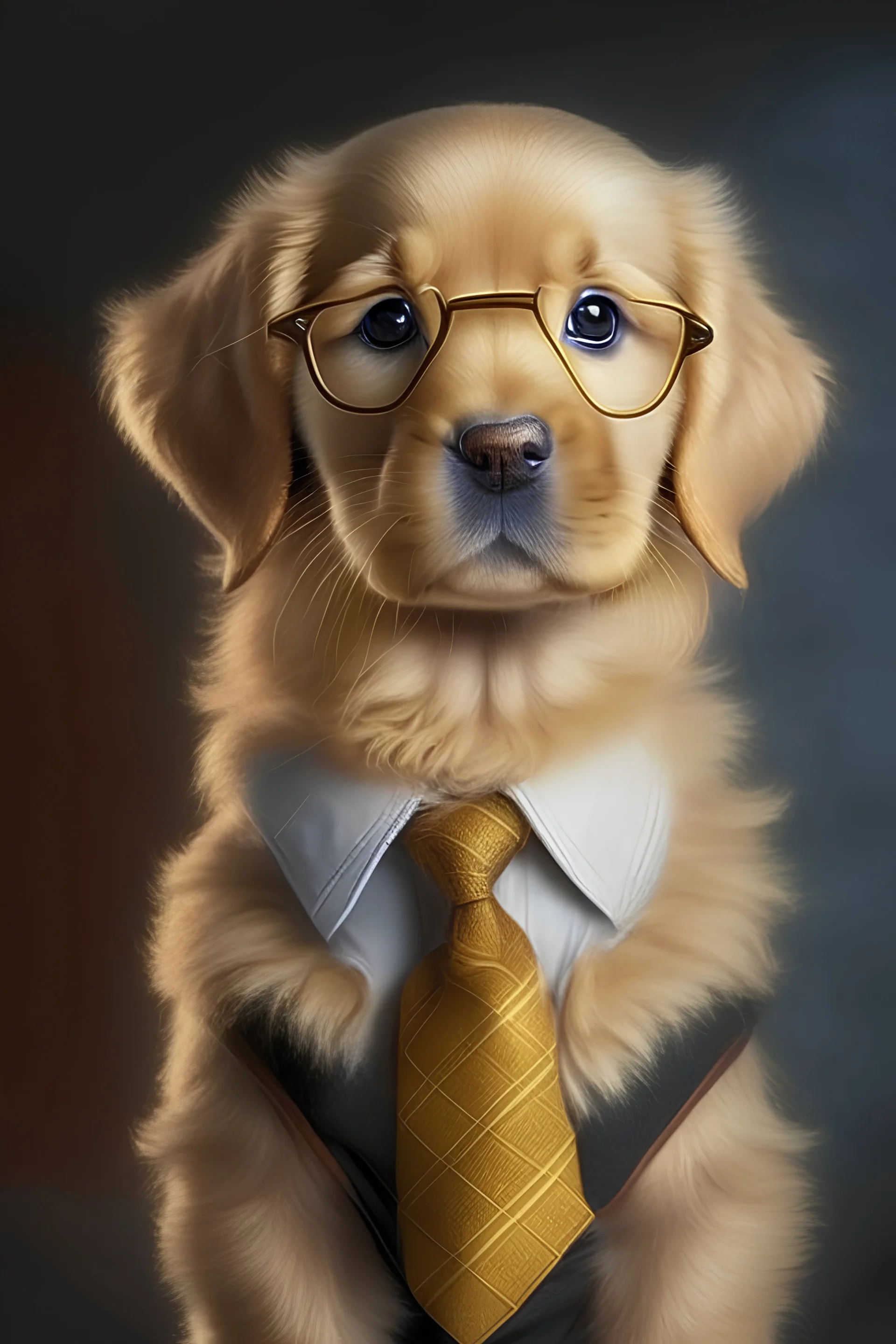 un perrito golden super real con bonitos ojos tiernos y vestido como profesor, doctor, ingeniero, policia, bombero, estudiante universitario, arquitecto, abogado